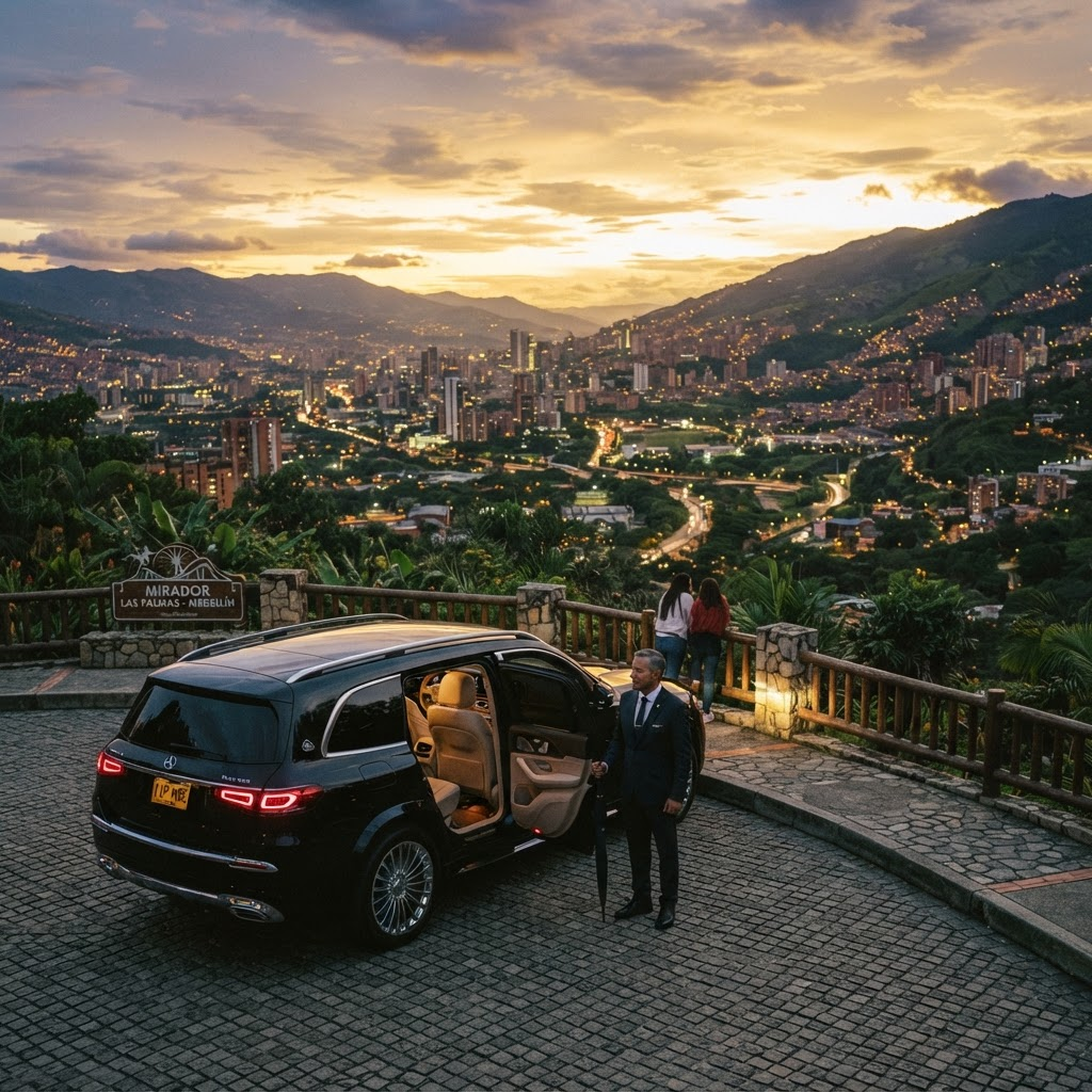 Vehículo de lujo con vista a Medellín al atardecer