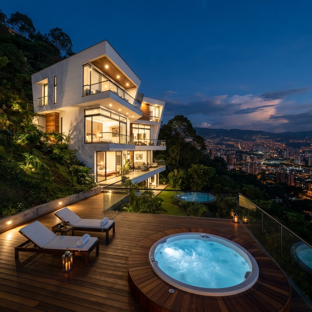 Modern villa illuminated at night with jacuzzi deck in Loma del Chocho, Envigado