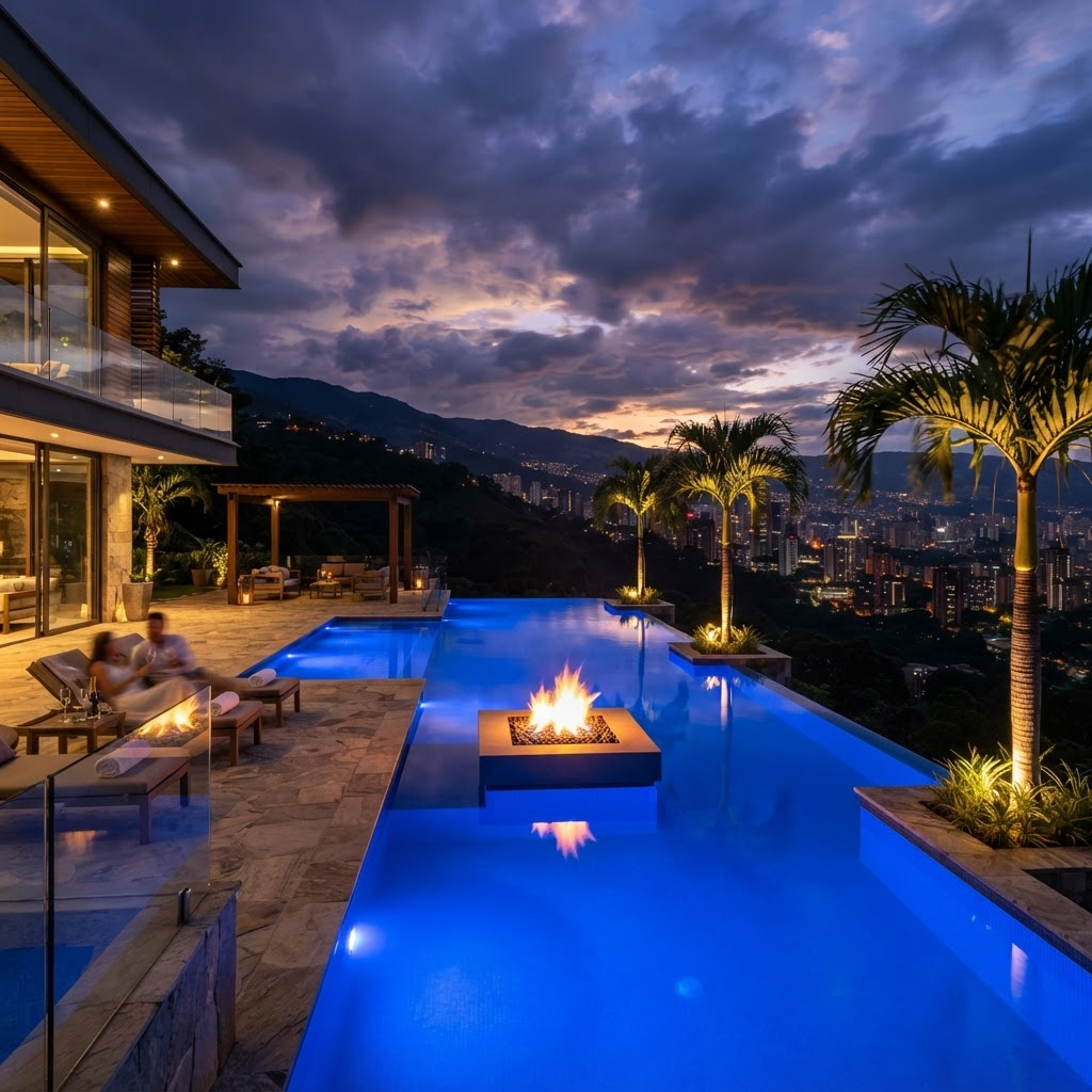 Piscina de lujo con fogata al atardecer sobre Medellín